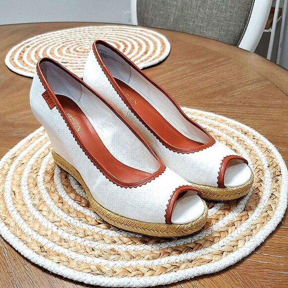 Lauren by Ralph Lauren Nella Espadrille Wedge Sandals White/Tan 9.5B - Picture 1 of 10